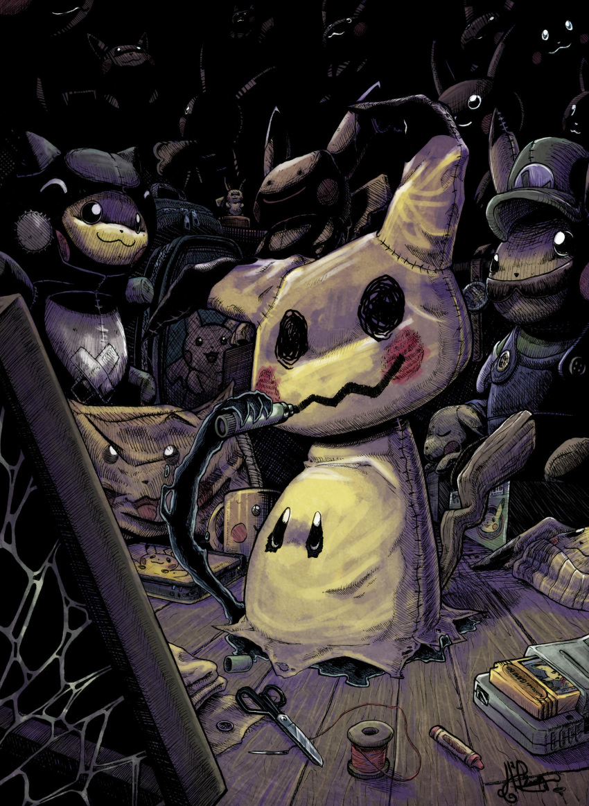 :d absurdres backpack bag blush_stickers buttons commentary costume creatures_(company) cup dark ditto drawing english_commentary floor game_freak gen_1_pokemon gen_7_pokemon hat highres holding hugo-h2p indoors luigi mario_(series) mimikyu mug needle nintendo no_humans open_mouth overalls pikachu pokemon scissors smile stuffed_animal stuffed_toy substitute thread too_many too_many_pikachu transformed_ditto wooden_floor zipper
