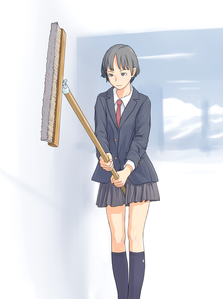 between_legs black_eyes black_hair broom flash_tomo highres holding kneehighs miniskirt necktie original school_uniform short_hair simple_background skirt solo standing