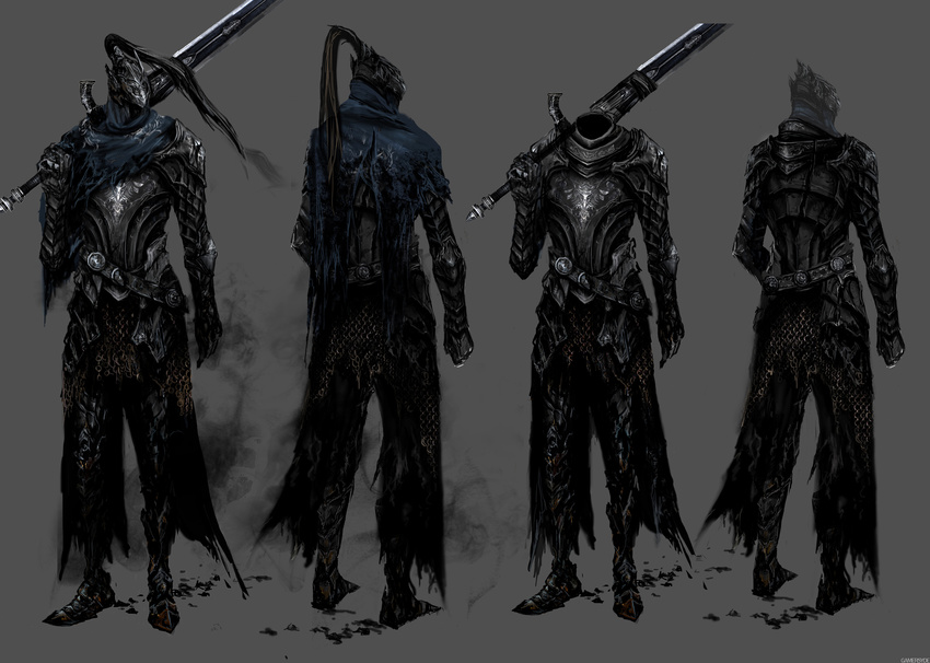 absurdres armor artorias_the_abysswalker ashes cape chain_mail concept_art dark_souls from_software full_armor helmet highres huge_weapon knight official_art sketches souls_(from_software) sword torn_cape weapon