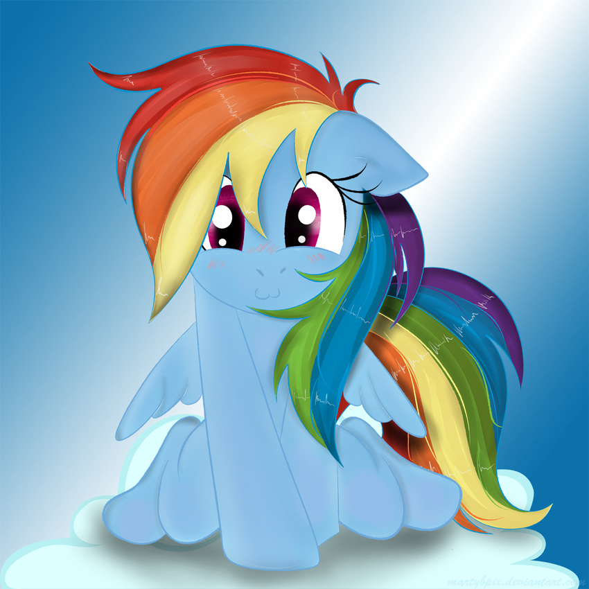 :3 blush cloud cute equine female feral friendship_is_magic hair horse long_hair looking_at_viewer mammal martybpix multi-colored_hair my_little_pony pegasus pony purple_eyes rainbow_dash_(mlp) rainbow_hair sky solo wings