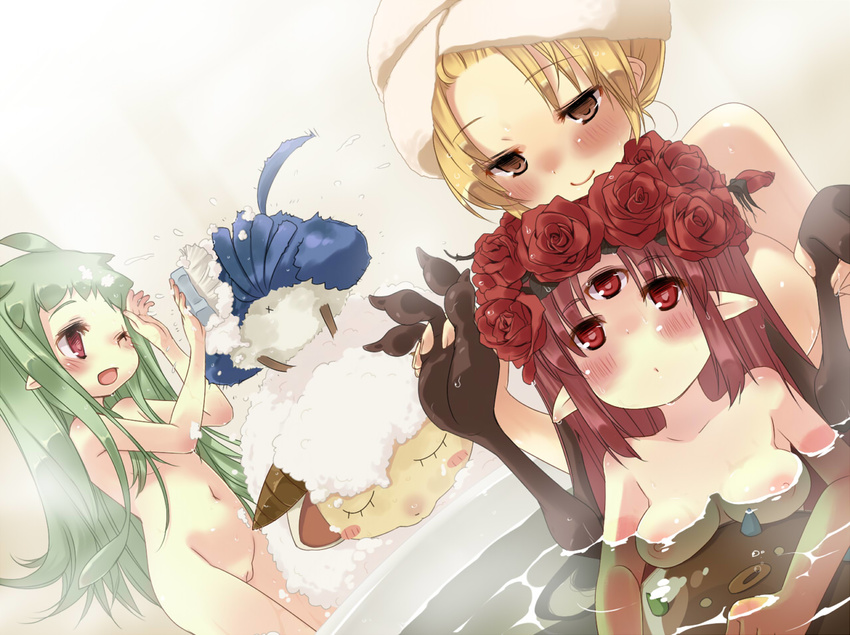 amistr_(ragnarok_online) bathing blonde_hair blush breasts brown_eyes dual_persona filir_(ragnarok_online) flower head_wreath lif_(ragnarok_online) long_hair medium_breasts multiple_girls navel nude one_eye_closed open_mouth pointy_ears pussy ragnarok_online red_eyes red_flower red_rose rose small_breasts smile third_eye towel towel_on_head vanilmirth_(ragnarok_online) wazawogi_(wzog)