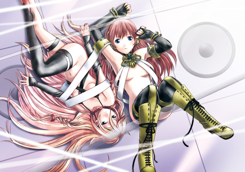 ak2 blue_eyes boots bottomless braid breasts elbow_gloves fingerless_gloves from_above gloves headphones highres ia_(vocaloid) long_hair looking_at_viewer looking_up lying megurine_luka multiple_girls navel on_back pink_hair small_breasts thigh_strap thighhighs twin_braids underboob very_long_hair vocaloid