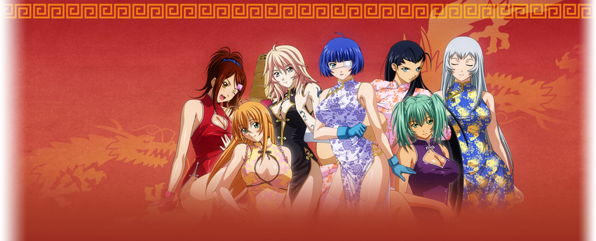 6+girls 7girls bachou_mouki blonde_hair blue_eyes blue_hair breasts chouun_shiryuu close_eyes eyepatch eyes_closed female gray_eyes grey_eyes highres ikkitousen ikkitousen_xtreme_xecutor kakouen_myousai large_breasts long_hair multiple_girls ryofu_housen ryomou_shimei shibai_chutatsu shibai_chuutatsu short_hair smile sonsaku_hakufu white_hair