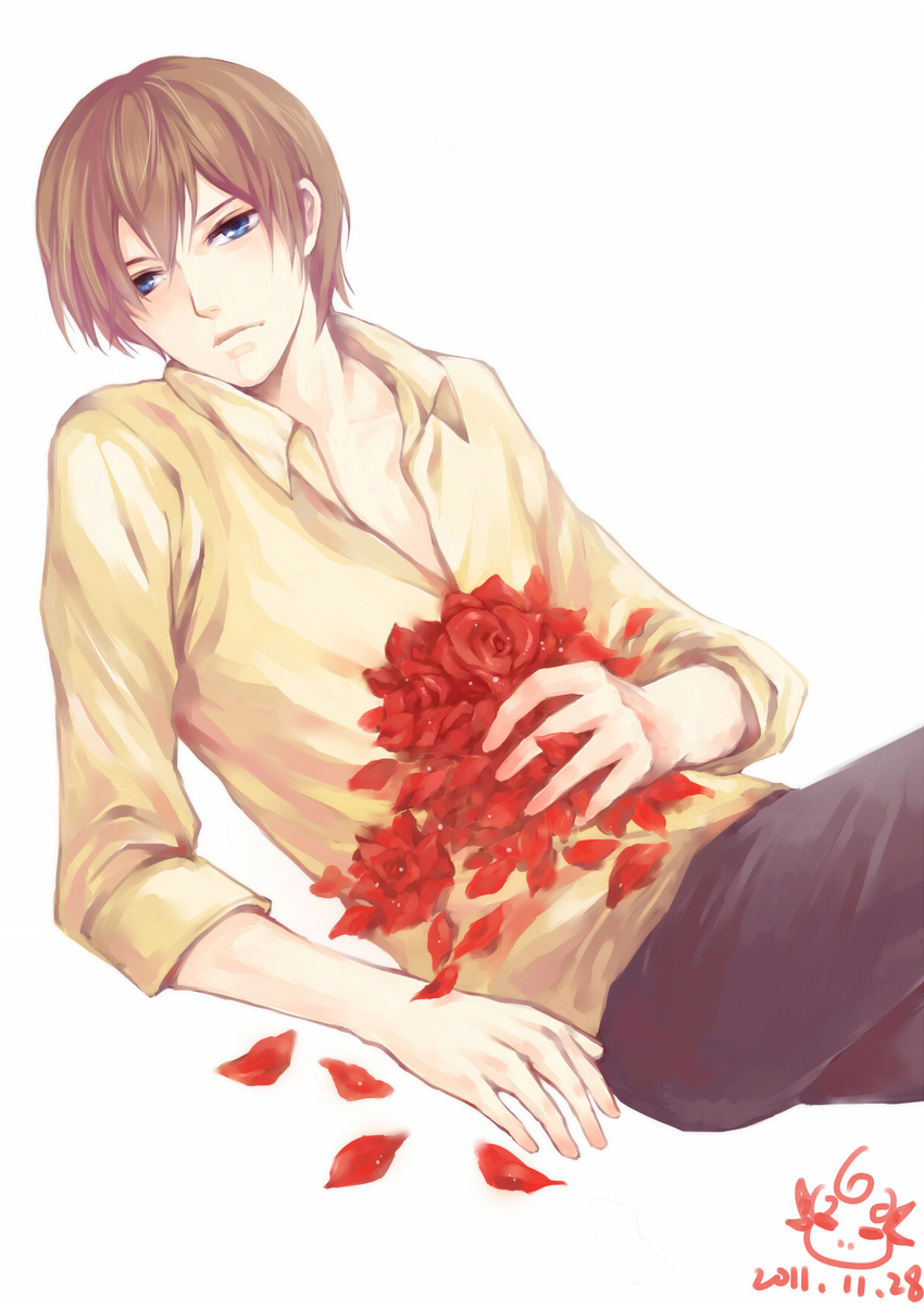 blue_eyes brown_hair dated flower fuji_shuusuke highres male_focus petals signature solo syusuke0229 tennis_no_ouji-sama