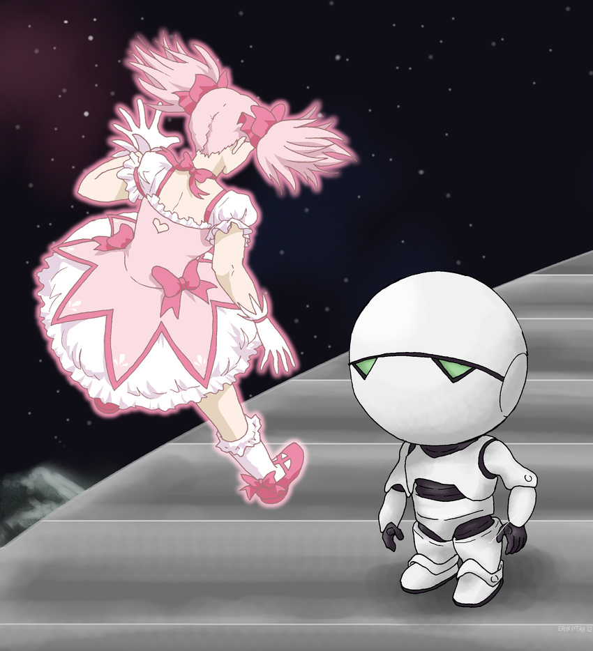 absurdres bow crossover dress floating from_behind gloves highres kaname_madoka magical_girl mahou_shoujo_madoka_magica marvin_the_paranoid_android pink_hair robot sailorptah shoes socks space the_hitchhiker's_guide_to_the_galaxy twintails