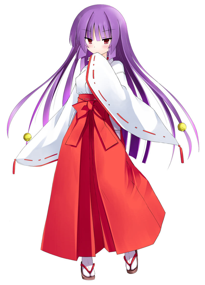 bell blush full_body hair_bell hair_ornament hand_to_own_mouth highres long_hair original purple_hair red_eyes solo suika_(kinokoh) torii transparent_background