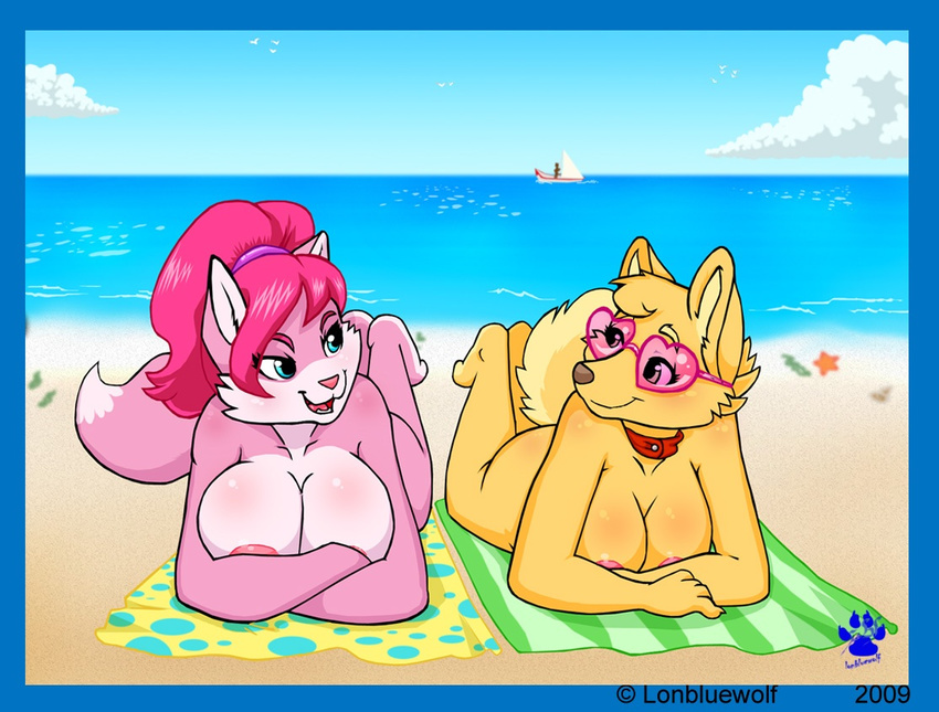 anthro areola beach big_breasts blue_eyes breasts canine cat choker cleavage clothed clothing cute dog duo eye_contact eyewear feline female fur hair lonbluewolf lying mammal nude on_stomach pink pink_fur pink_hair sand seaside sunglasses towel