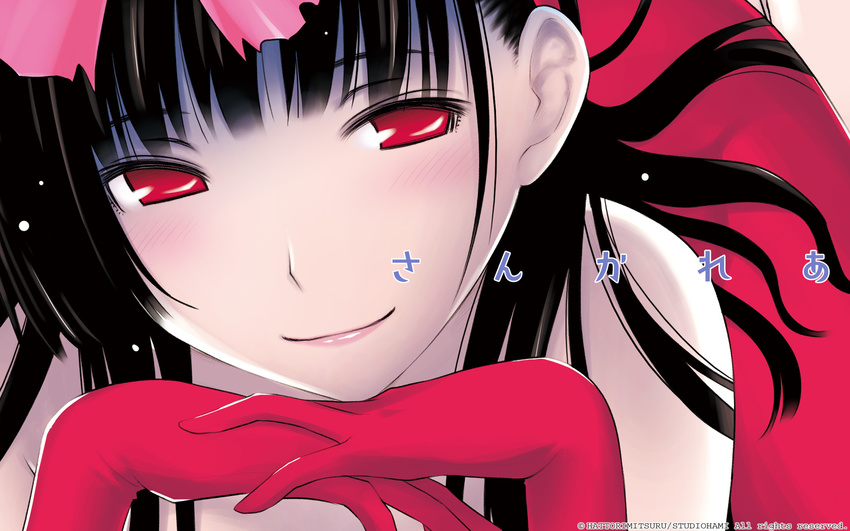 gloves hattori_mitsuru highres red_eyes sanka_rea sankarea signature smile solo