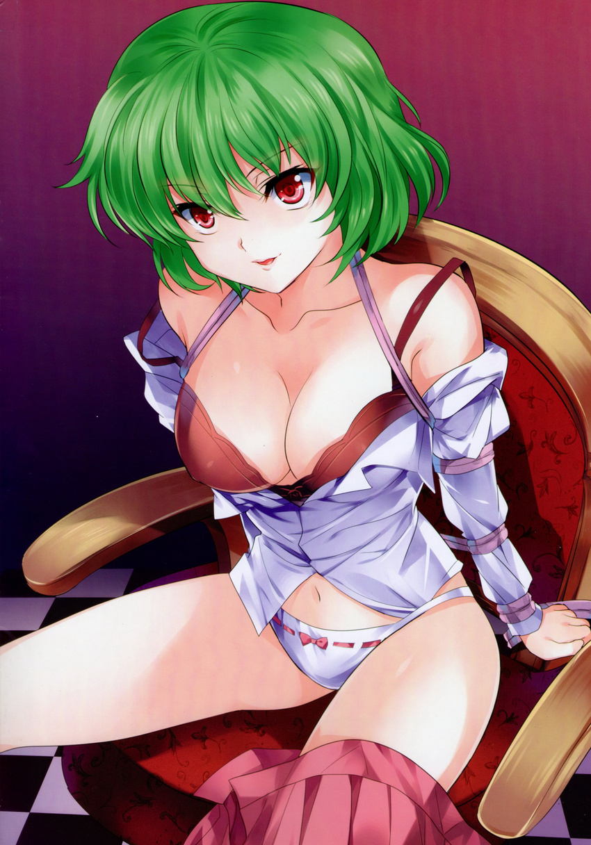 absurdres arm_support bare_shoulders bdsm bondage bound bra breasts chair cleavage dress_shirt green_hair highres kazami_yuuka large_breasts lingerie looking_at_viewer navel no_pants non-web_source off_shoulder open_clothes open_shirt panties parted_lips pico_(picollector79) red_eyes scan shibari shirt short_hair sitting skirt skirt_around_one_leg solo strap_slip touhou underwear white_panties