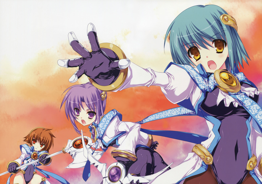 absurdres bodysuit breasts brown_hair green_hair highres medium_breasts multiple_girls poleaxe purple_eyes purple_hair red_eyes shimesaba_kohada short_hair tachibana_kuon tennouji_sayaka walpurgis_(kai) weapon yellow_eyes