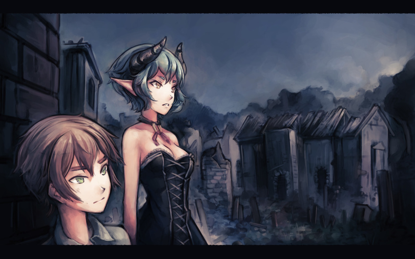 1girl bare_shoulders breasts brown_hair choker cleavage collar demon_girl dress fiend_(juniper's_knot) game_cg green_eyes green_hair height_difference highres horns juniper's_knot male_protagonist_(juniper's_knot) medium_breasts pointy_ears ruins saimon_ma short_hair strapless strapless_dress succubus wallpaper yellow_eyes
