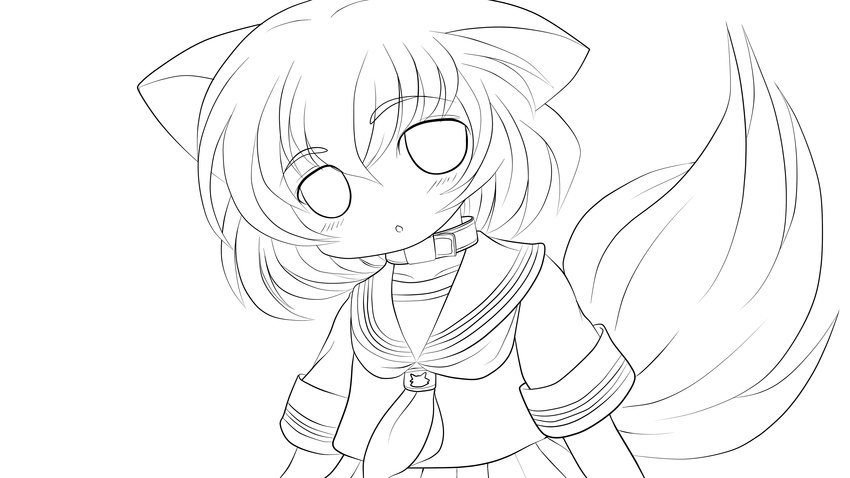 absurdres animal_ears greyscale highres inubashiri_momiji lineart looking_at_viewer monochrome solid_black_thumbnail solo touhou transparent_background yume_shokunin