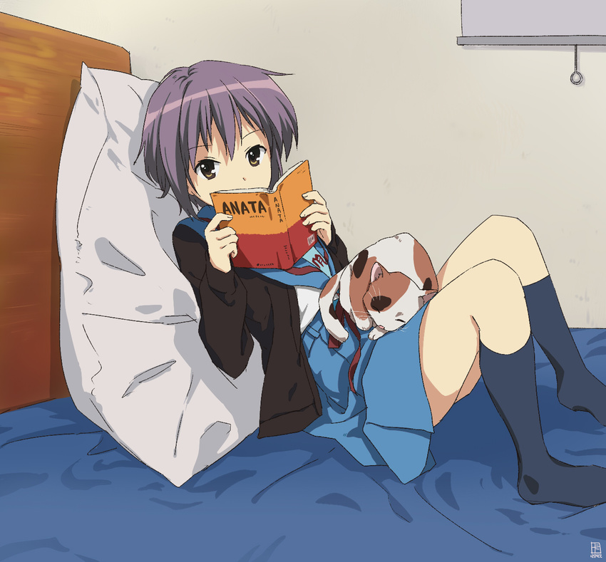 a-ka bed book calico cat grey_hair highres kita_high_school_uniform nagato_yuki pillow school_uniform serafuku shamisen_(suzumiya_haruhi) short_hair socks solo suzumiya_haruhi_no_yuuutsu