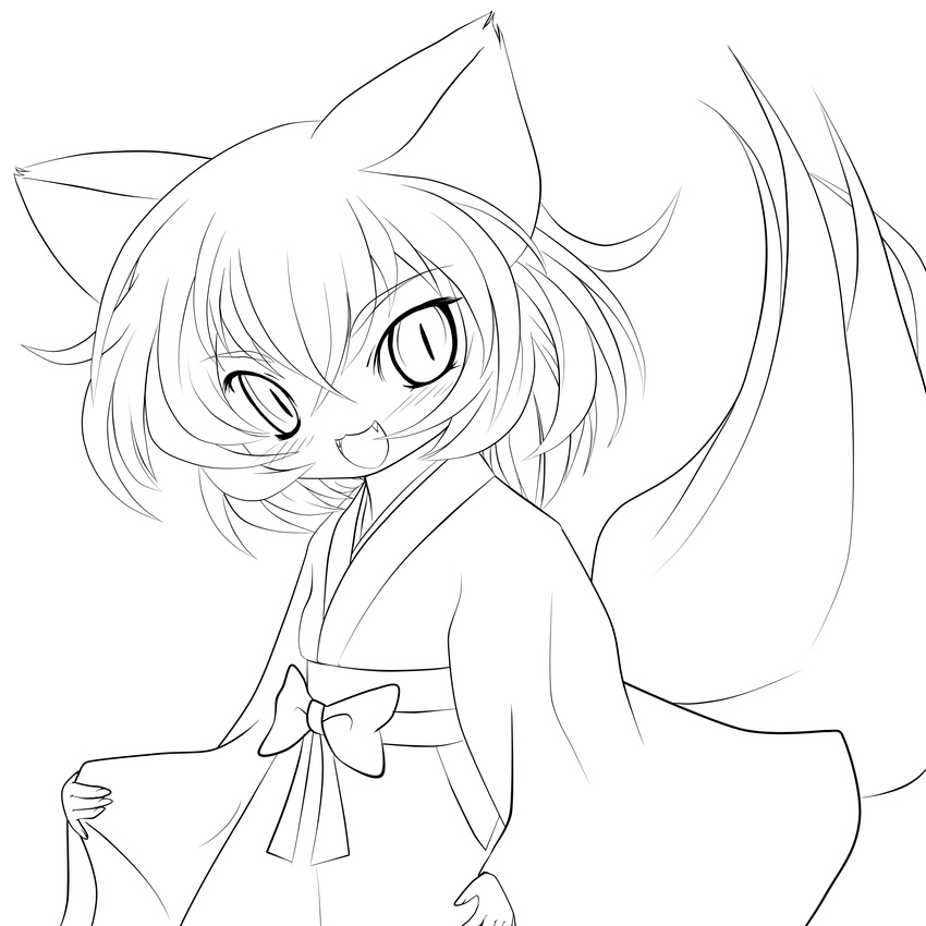 :3 absurdres alternate_costume animal_ears fangs greyscale hakama highres inubashiri_momiji japanese_clothes kimono lineart miko monochrome no_hat no_headwear open_mouth short_hair smile solid_black_thumbnail solo tail touhou transparent_background wolf_ears wolf_tail yume_shokunin