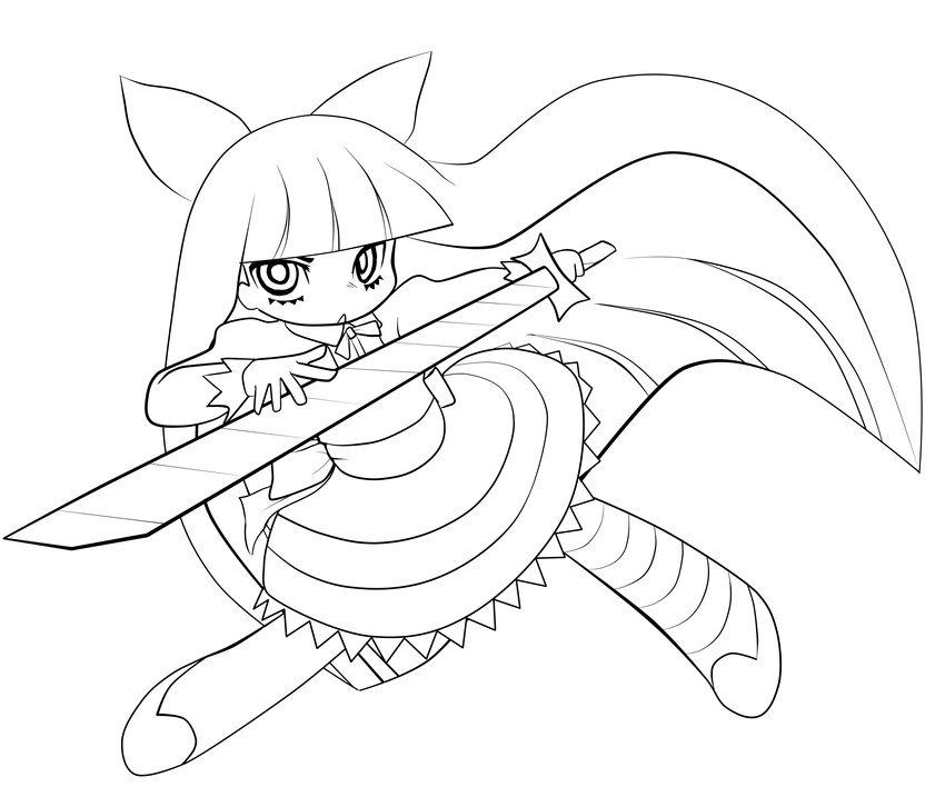 absurdres bow dress full_body greyscale hair_bow highres lineart long_hair monochrome panty_&amp;_stocking_with_garterbelt solid_black_thumbnail solo stocking_(psg) striped striped_legwear sword thighhighs transparent_background very_long_hair weapon yume_shokunin