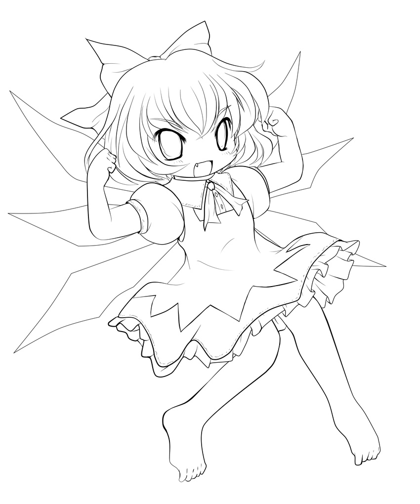 absurdres barefoot bow cirno dress fang flexing greyscale hair_bow highres lineart monochrome open_mouth pose short_hair smile solid_black_thumbnail solo touhou transparent_background wings yume_shokunin