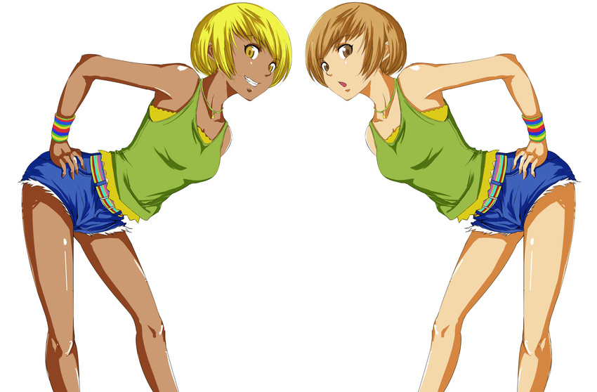 :o blonde_hair brown_eyes brown_hair cutoff_jeans cutoffs dual_persona ganguro grin hand_on_hip highres jewelry legs looking_at_viewer mirror_twins multiple_girls necklace persona persona_4 satonaka_chie short_hair short_shorts shorts smile suta_furachina symmetry tank_top white_background wristband yellow_eyes
