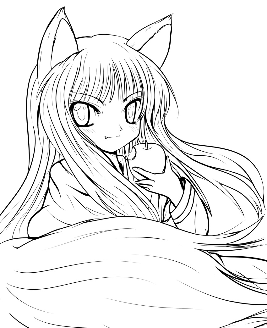 absurdres animal_ears apple eating fang food fruit greyscale highres holding holding_food holding_fruit holo lineart monochrome solid_black_thumbnail solo spice_and_wolf tail transparent_background wolf_ears wolf_tail yume_shokunin