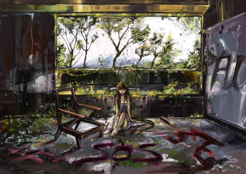 arm_support bad_id bad_pixiv_id bangs barefoot chair danann dress holding_foot knee_up landscape long_hair looking_at_viewer moss original sitting sky solo tree whiteboard