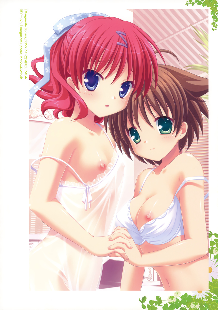 2girls absurdres babydoll blue_eyes bow bow_bra bra bra_pull breast_slip breasts brown_hair green_eyes hair_bow hand_holding highres holding_hands lingerie marguerite_sphere midorikawa_nanohana multiple_girls nipple_slip nipples one_breast_out ooura_mio pink_hair strap_slip underwear white_bra yuyi