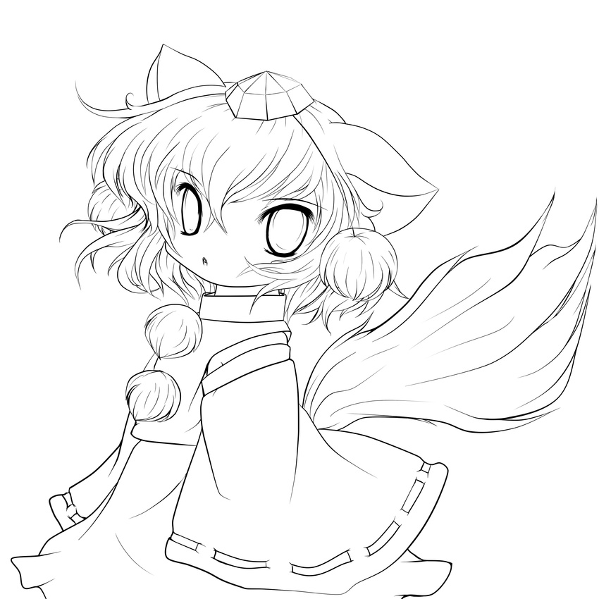 absurdres animal_ears chibi detached_sleeves fang greyscale hat highres inubashiri_momiji lineart monochrome solid_black_thumbnail solo tail tokin_hat touhou transparent_background wolf_ears wolf_tail yume_shokunin