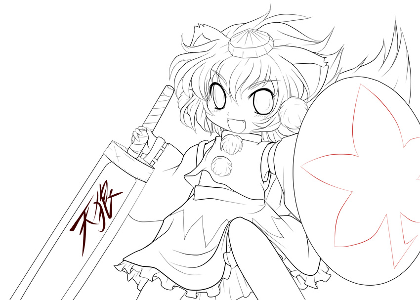 absurdres animal_ears chibi detached_sleeves fang fangs hat highres inubashiri_momiji lineart looking_at_viewer monochrome open_mouth shield short_hair skirt smile solid_black_thumbnail solo sword tail tokin_hat touhou transparent_background weapon wolf_ears wolf_tail yume_shokunin
