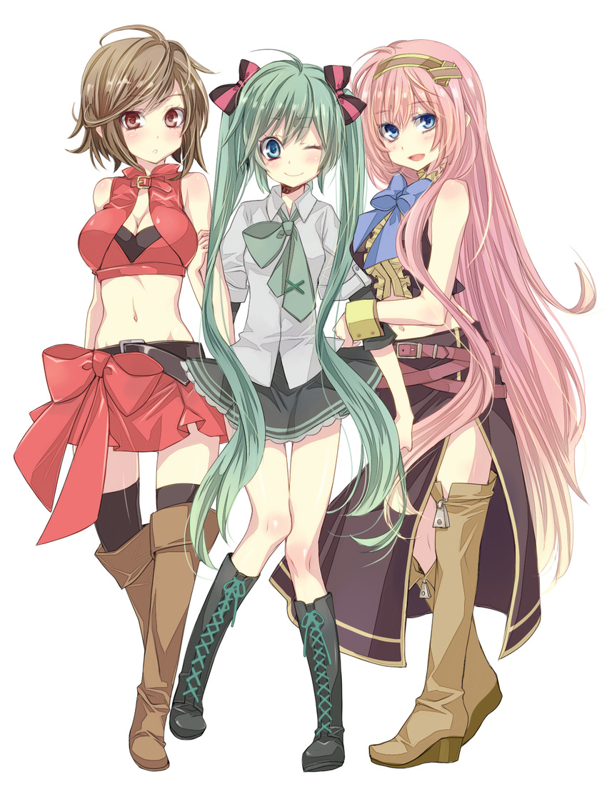 adapted_costume aqua_eyes belt boots bow bowtie brown_eyes brown_hair cross-laced_footwear green_hair hatsune_miku highres knee_boots lace-up_boots long_hair megurine_luka meiko midriff mikipa multiple_girls navel necktie one_eye_closed pink_hair simple_background skirt smile thighhighs twintails very_long_hair vocaloid white_background wrist_cuffs
