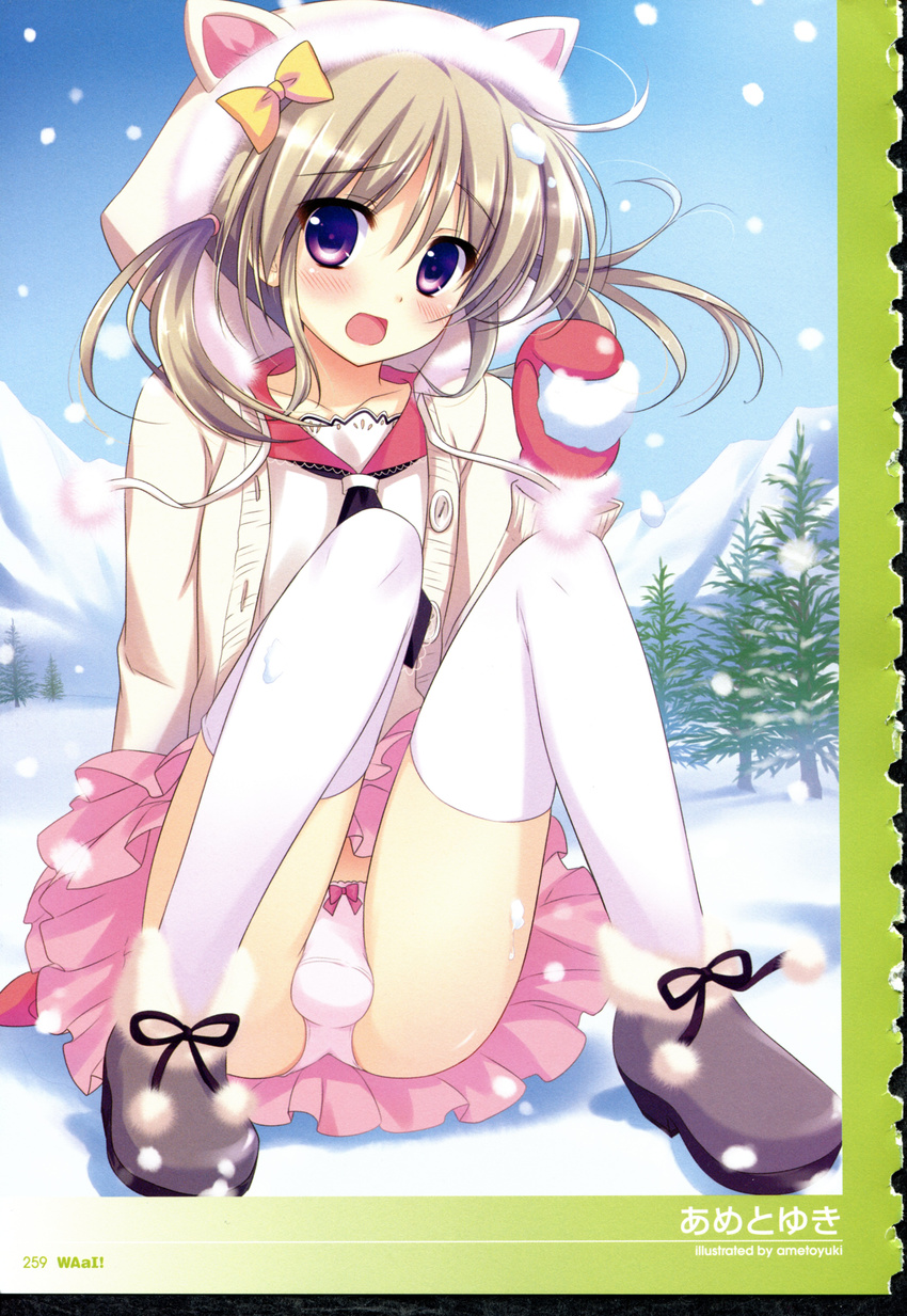 1boy absurdres ameto_yuki ametoyuki animal_ears ass blush bow brown_hair bulge cat_ears crossdressing gloves highres hood legwear male male_focus mountain open_mouth outdoors panties pigtails purple_eyes shoes short_twintails skirt sky snow snowball solo stockings thighhighs trap tree twintails underwear upskirt waai waai!