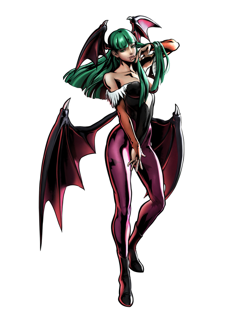 1girl 3d absurdres breasts capcom cleavage demon_girl female full_body green_eyes green_hair head_wings highres large_breasts leotard long_hair low_wings marvel marvel_vs._capcom marvel_vs._capcom_3 marvel_vs_capcom marvel_vs_capcom_3 mori_toshiaki morrigan_aensland official_art pantyhose shinkiro simple_background solo succubus vampire_(game) wings