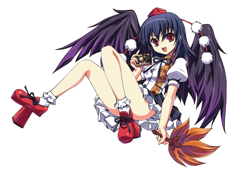 black_hair black_wings camera dress_shirt fan full_body geta hat hauchiwa highres leaf looking_at_viewer open_mouth red_eyes shameimaru_aya shimamoto_utsumi shirt short_hair skirt solo tokin_hat touhou transparent_background wings