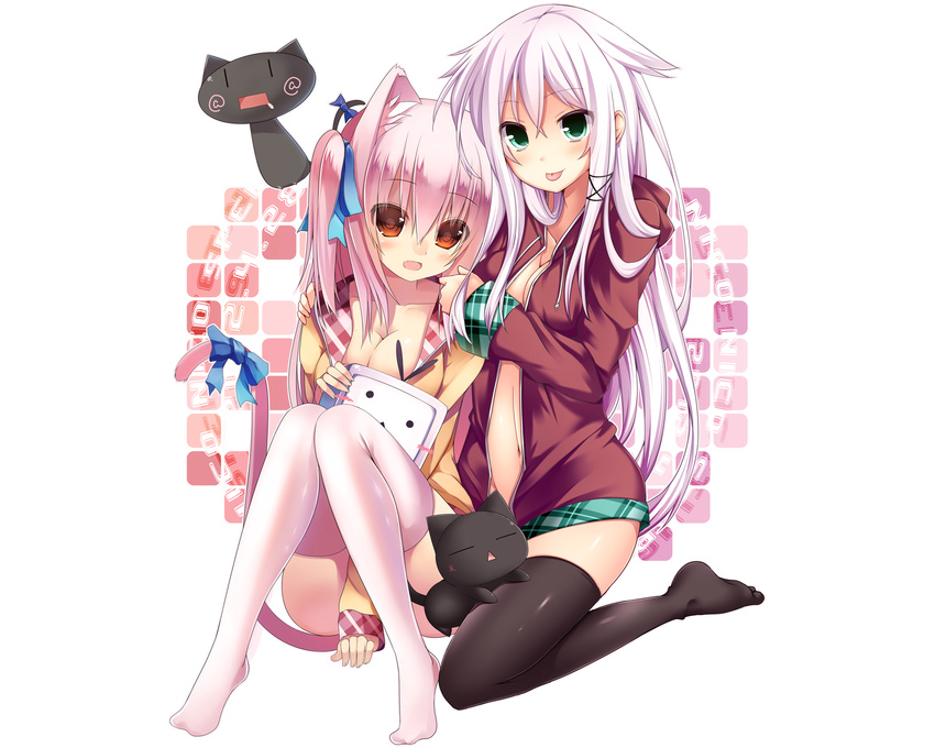 2girls animal animal_ears cat catgirl cleavage long_hair mishima_kurone pink_hair shia_(syroh) syroh tail thighhighs white white_hair