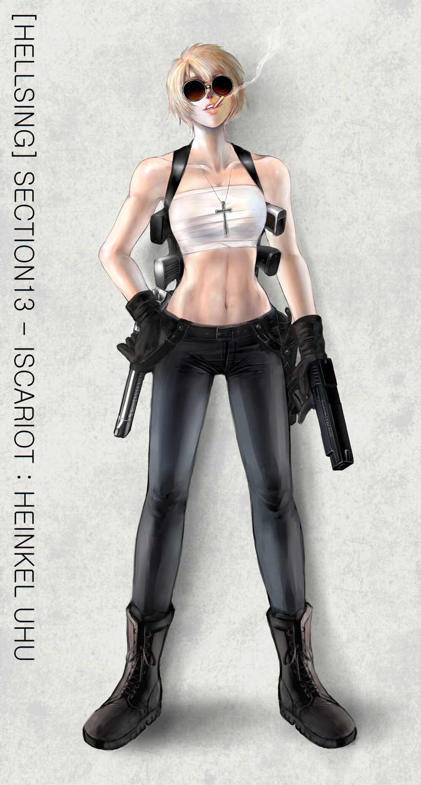 absurdres akubi_(fyfy) bad_id bad_pixiv_id blonde_hair boots cigarette collarbone gloves gun hand_on_hip handgun heinkel_wolfe hellsing highres lips navel sarashi short_hair solo standing sunglasses weapon