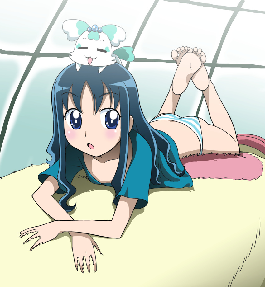 ass barefoot blue_eyes blue_hair blush coffret_(heartcatch_precure!) coupe downblouse feet heartcatch_precure! highres kakkii kurumi_erika long_hair lying on_stomach panties precure shirt soles striped striped_panties toes underwear