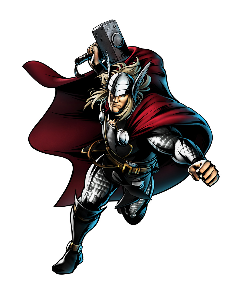 1boy absurdres armor belt blonde_hair blue_eyes capcom cape fighting_stance hammer helmet highres male male_focus marvel marvel_vs._capcom marvel_vs._capcom_3 marvel_vs_capcom marvel_vs_capcom_3 mjolnir official_art simple_background solo thor thor_(marvel) transparent_background white_background