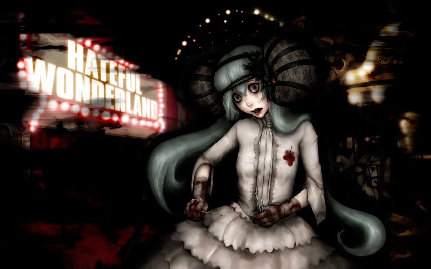 bandages blood genk gloves green_eyes green_hair hatsune_miku highres holding_needle jewelry lipstick long_hair makeup needle open_mouth ring solo vocaloid