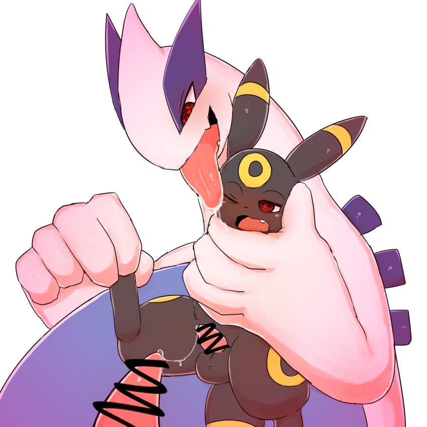 2018 balls censored cute_fangs duo eeveelution erection face_lick feral feral_on_feral hi_res interspecies larger_male legendary_pok&eacute;mon lugia male male/male mixeeeel nintendo open_mouth penis pok&eacute;mon pok&eacute;mon_(species) precum simple_background size_difference smaller_male tapering_penis umbreon video_games