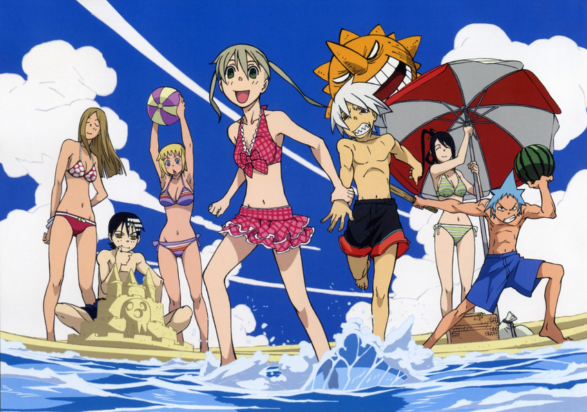 4girls artist_request biceps bikini black_star day death_the_kid elizabeth_thompson frilled_bikini frills highres maka_albarn multiple_boys multiple_girls nakatsukasa_tsubaki patricia_thompson soul_eater soul_eater_(character) striped striped_bikini swimsuit twintails