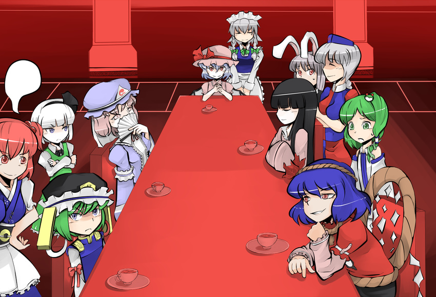 animal_ears bad_id bad_pixiv_id bunny_ears hitodama houraisan_kaguya izayoi_sakuya kochiya_sanae konpaku_youmu konpaku_youmu_(ghost) meeting multiple_girls onozuka_komachi reisen_udongein_inaba remilia_scarlet saigyouji_yuyuko shiki_eiki suteinu_(stain) table tea touhou yagokoro_eirin yasaka_kanako