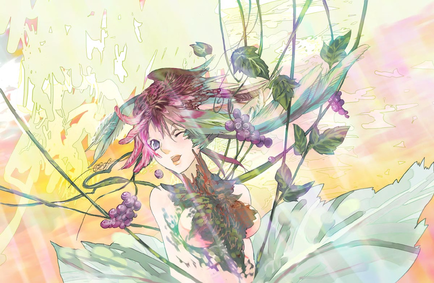 1girl ;d artist_request blue_eyes blush branch breasts brown_hair feathers food fruit grapes leaf light_rays lips medium_breasts one_eye_closed open_mouth original plant short_hair sideboob simple_background smile solo sunlight upper_body vines yellow_background