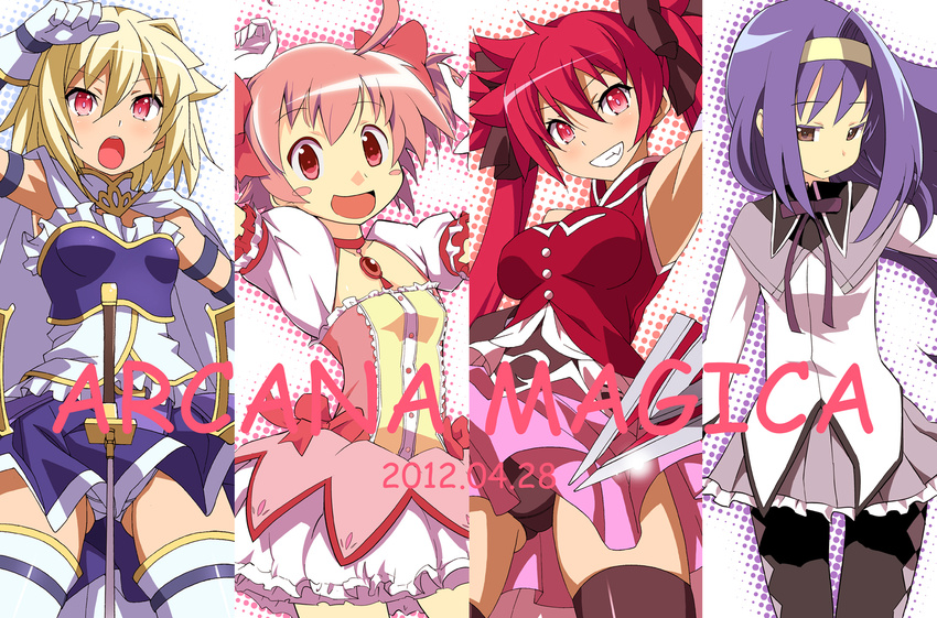 :d :o ahoge aino_heart akemi_homura akemi_homura_(cosplay) arcana_heart arcana_heart_3 argyle argyle_legwear armpits bare_shoulders black_legwear black_panties blonde_hair blue_hair blush_stickers brown_eyes cape cosplay cover cover_page doujin_cover gloves grin hairband kaname_madoka kaname_madoka_(cosplay) long_hair mahou_shoujo_madoka_magica miki_sayaka miki_sayaka_(cosplay) multiple_girls nakamura_yukitoshi open_mouth panties pantyhose pantyshot pink_eyes pink_hair pleated_skirt puffy_sleeves red_eyes red_hair ribbon sakura_kyouko sakura_kyouko_(cosplay) scharlachrot skirt smile thighhighs tsuzura_saki twintails underwear upskirt weiss white_gloves white_legwear white_panties