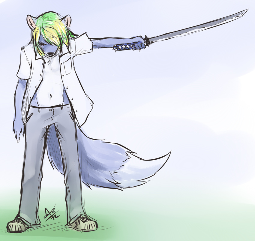 anthro aogami canine fox hair male mammal multi-colored_hair plain_background solo sword text weapon white_background