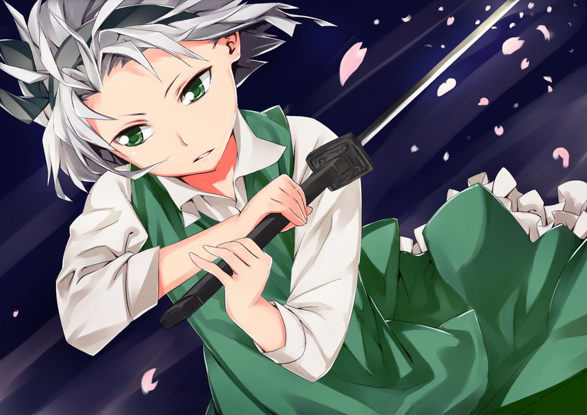 face green_eyes hairband konpaku_youmu parted_lips petals pino_(birthdayparty) short_hair silver_hair solo sword touhou weapon