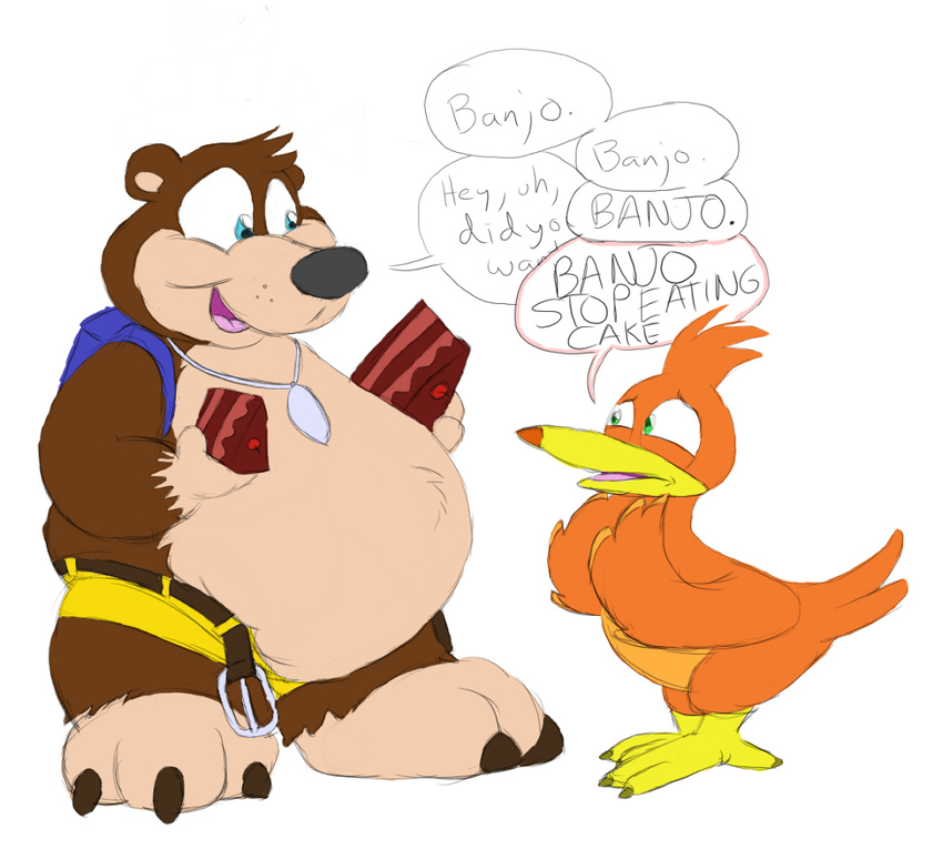 avian banjo banjo-kazooie banjo_(banjo-kazooie) bear bird boomereverett breegull cake clothed clothing dialog dialogue duo eating english_text feral food half-dressed kazooie male mammal nemo obese overweight text topless