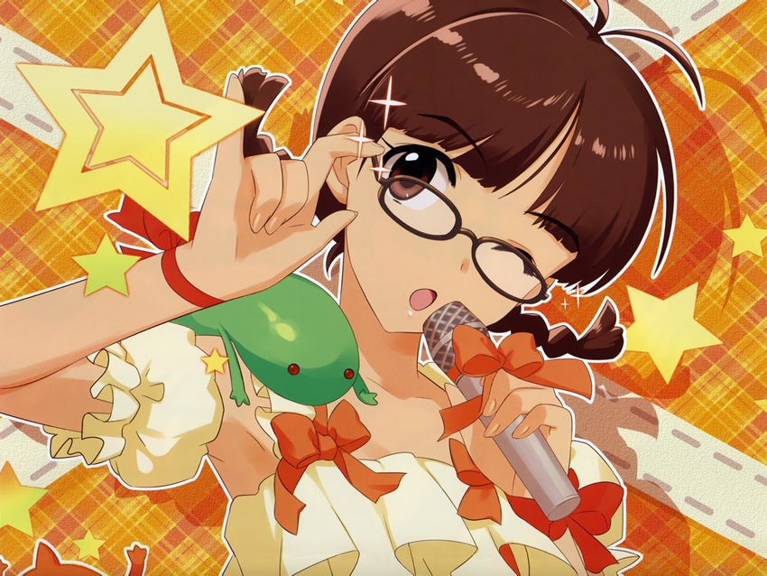 ;o akizuki_ritsuko annindoufu_(oicon) antenna_hair arm_garter armpits bangs bare_shoulders black-framed_eyewear blunt_bangs bow braid brown_eyes brown_hair cosplay frills glasses head_tilt holding idolmaster idolmaster_(classic) looking_at_viewer macross macross_frontier microphone official_art one_eye_closed oosanshouuo-san open_mouth outline parody parted_bangs plaid plaid_background pose ranka_lee ranka_lee_(cosplay) red_eyes ribbon salamander seikan_hikou shadow short_hair sparkle star tongue tongue_out twin_braids upper_body wallpaper wrist_ribbon