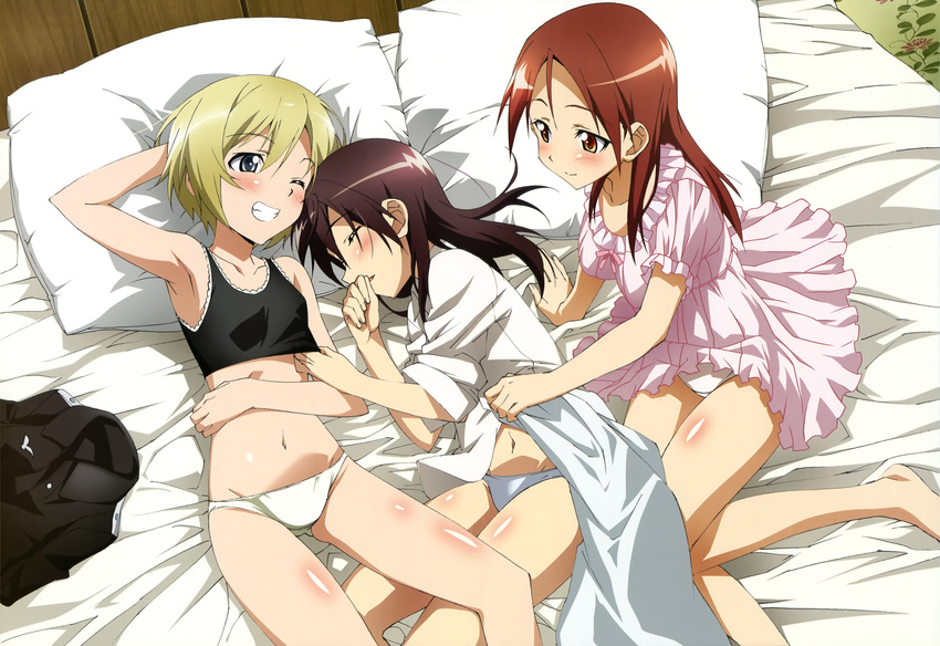 absurdres arm_up armpits bangs barefoot bed bed_sheet black_bra black_hair blonde_hair blue_eyes blush body_blush bra breasts brown_eyes brown_hair closed_eyes clothes_removed dress_shirt erica_hartmann frills from_above gertrud_barkhorn grin hand_behind_head hand_to_own_mouth highres indoors lace lace-trimmed_bra light_smile looking_at_another lying midriff military military_uniform minna-dietlinde_wilcke multiple_girls navel nightgown no_pants nyantype official_art on_back on_side one_eye_closed panties pantyshot pantyshot_(sitting) parted_lips pillow ribbon scan shirt short_sleeves sitting sleeping sleeves_rolled_up small_breasts smile sports_bra strike_witches underwear underwear_only uniform white_panties white_shirt world_witches_series yamamoto_shuuhei