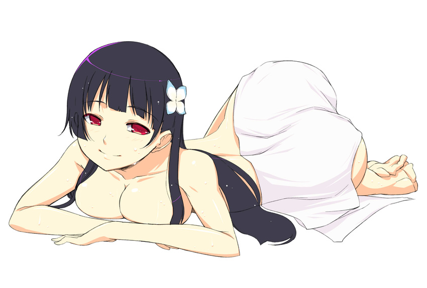 ass bad_feet barefoot black_hair breast_press breasts cleavage flower hair_ornament highres hips hydrangea large_breasts long_hair looking_at_viewer lying nude on_stomach onija_tarou red_eyes sanka_rea sankarea smile solo towel wet wide_hips