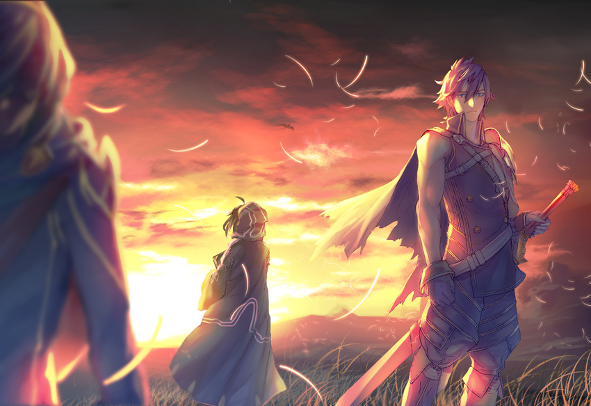 2boys bad_id bad_pixiv_id blue_hair cloud dusk falchion_(fire_emblem) fire_emblem fire_emblem:_kakusei hood kokutan_kitsunen krom lucina male_focus male_my_unit_(fire_emblem:_kakusei) marth_(fire_emblem:_kakusei) mask multiple_boys my_unit_(fire_emblem:_kakusei) sky sunset sword weapon