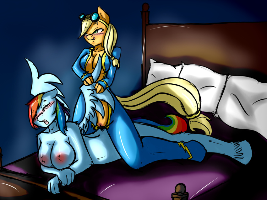 anthrofied applejack_(mlp) avante92 bed big_breasts blonde_hair blush breasts duo equine eyewear female friendship_is_magic fur goggles green_eyes hair hooves horse lesbian long_hair mammal mane multi-colored_hair my_little_pony nipples pegasus pillow pony ponytail pussy rainbow_dash_(mlp) rainbow_hair wing_boner wings