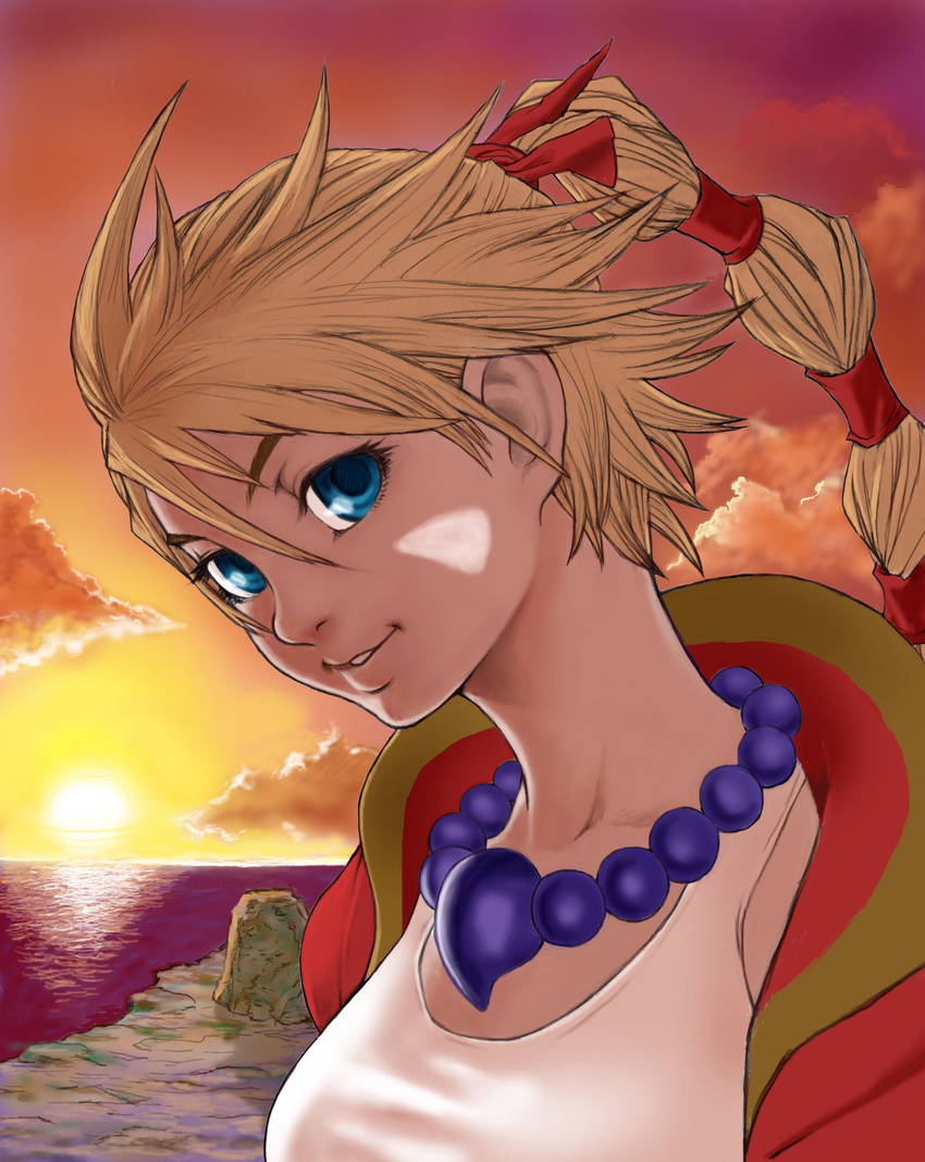 absurdres aso beads blonde_hair blue_eyes chrono_cross cliff cloud coat facial_mark hair_between_eyes head_tilt high_ponytail highres horizon kid_(chrono_cross) long_hair looking_at_viewer multi-tied_hair ocean open_clothes open_coat orange_sky parted_lips ponytail prayer_beads red_coat rock sky smile solo sunlight sunset tank_top upper_body water