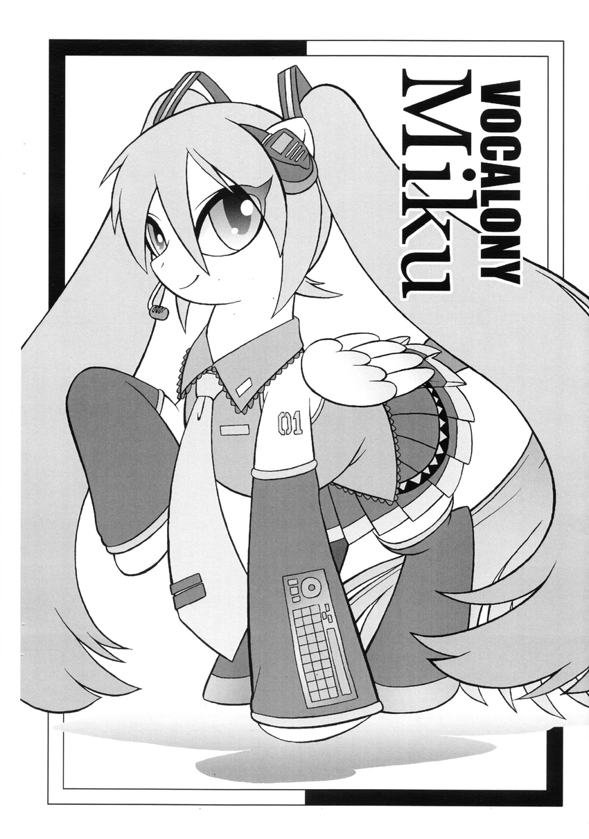 absurdres animalization artist_request boots detached_sleeves greyscale hatsune_miku highres long_hair monochrome my_little_pony my_little_pony_friendship_is_magic necktie parody pegasus pony scan solo twintails very_long_hair vocaloid